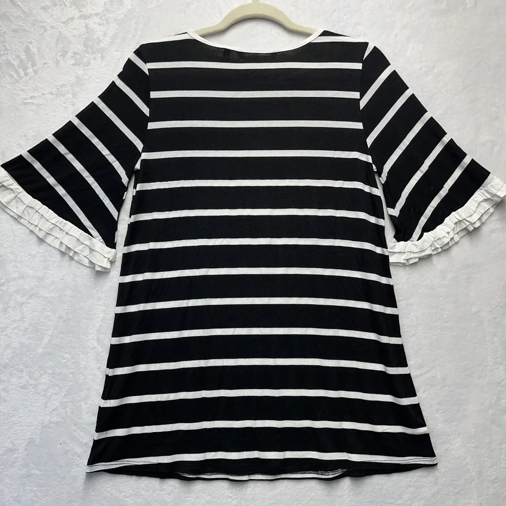 Soft Surroundings Ruffle Sleeve Top Womens XS Jersey Knit Striped Black White